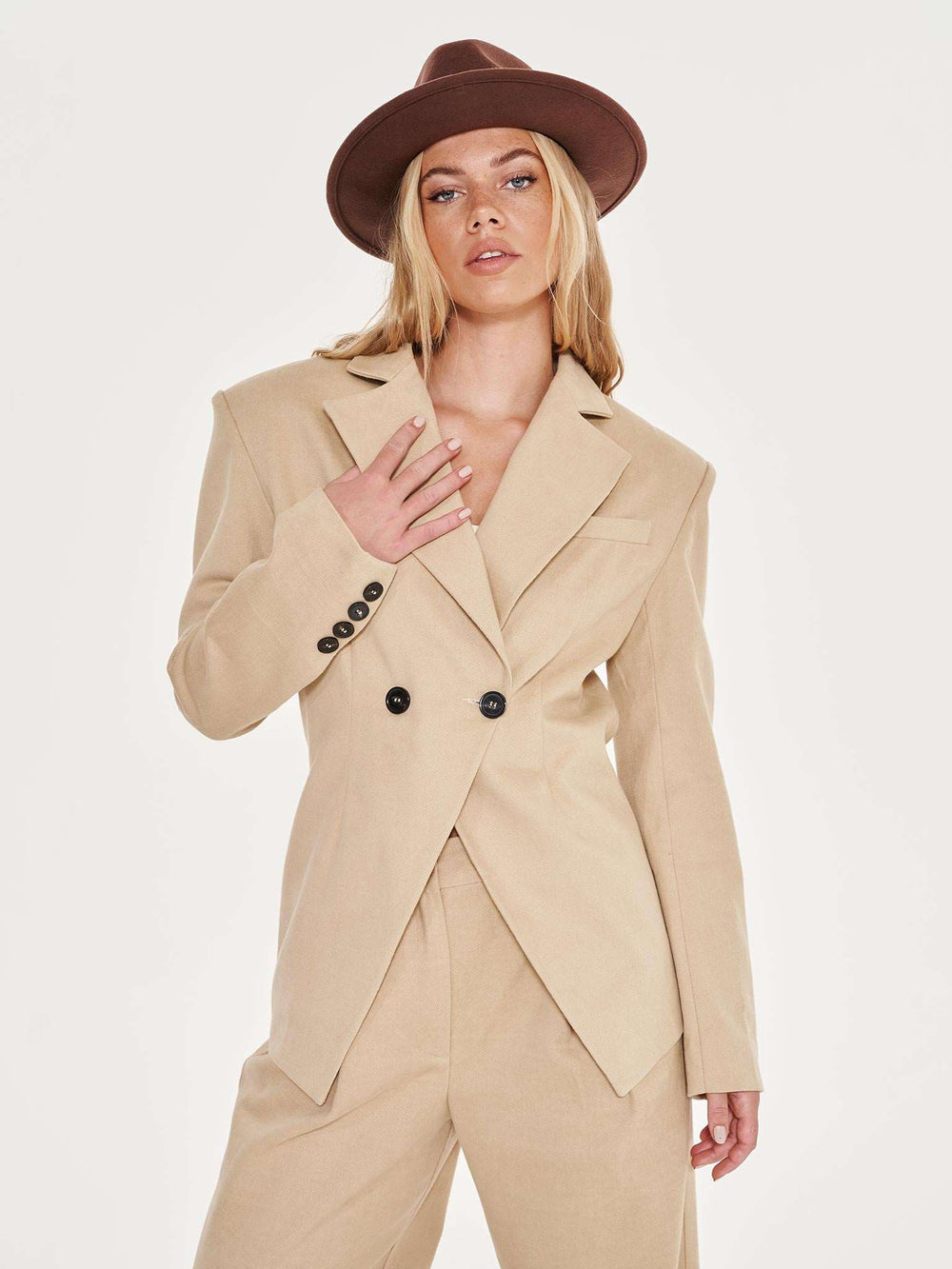 Oversized Double Breasted Blazer Co-ord Beige