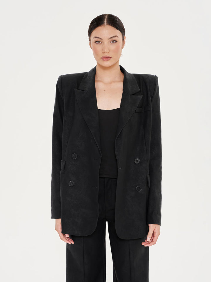 Faux Leather Double Breasted Blazer - Black