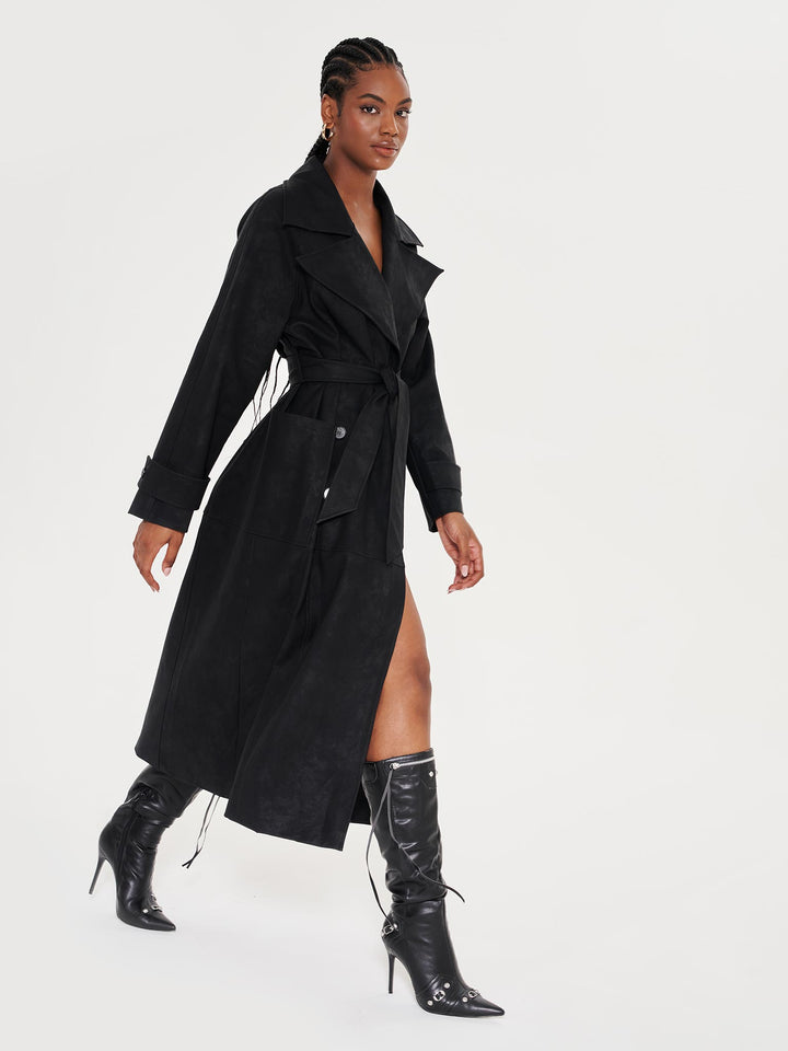 Faux Leather Lapel Detail Trench Coat - Black