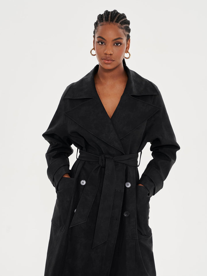 Faux Leather Lapel Detail Trench Coat - Black