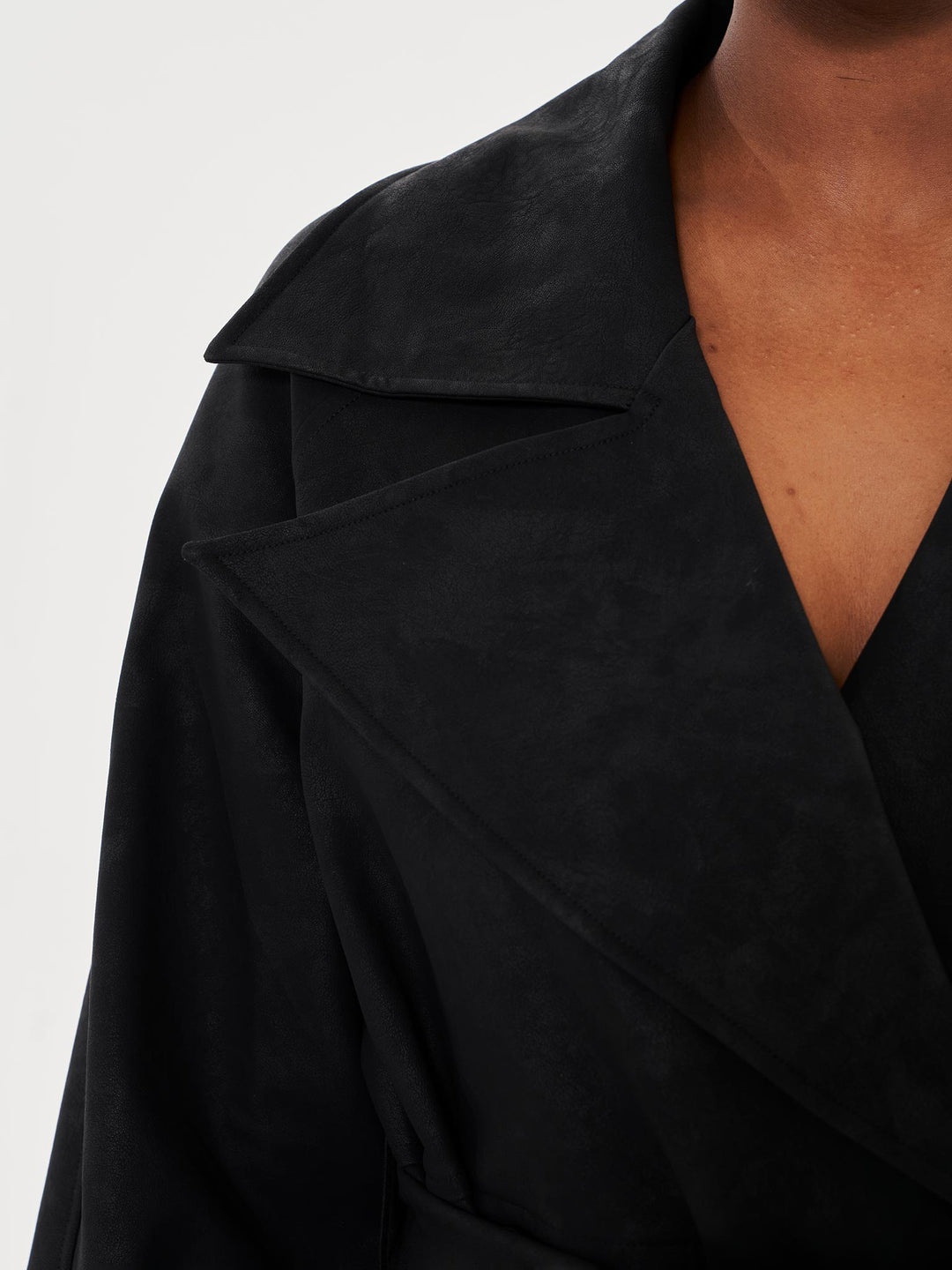 Faux Leather Lapel Detail Trench Coat - Black